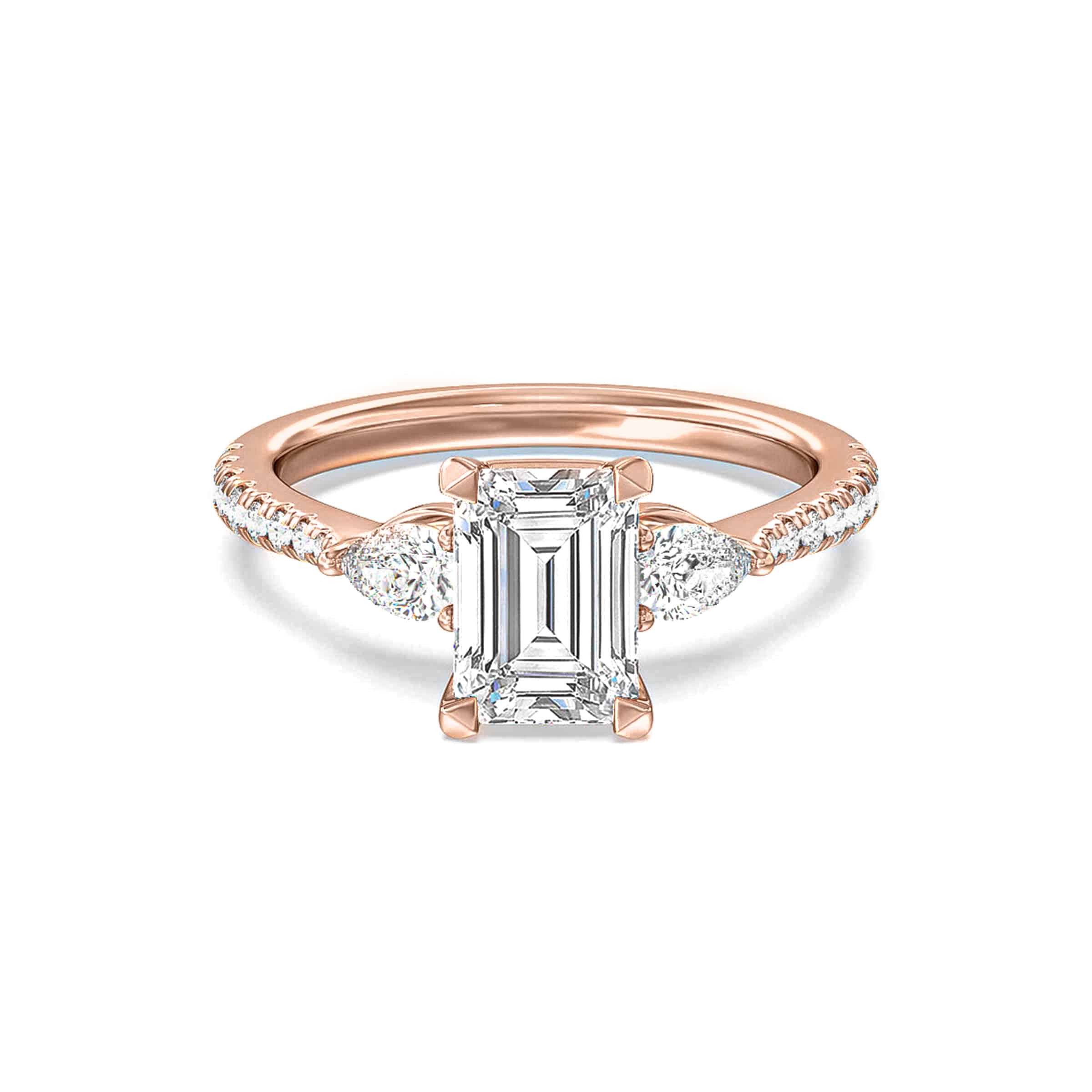 Darry Ring three stone emerald cut engagement ring rose gold