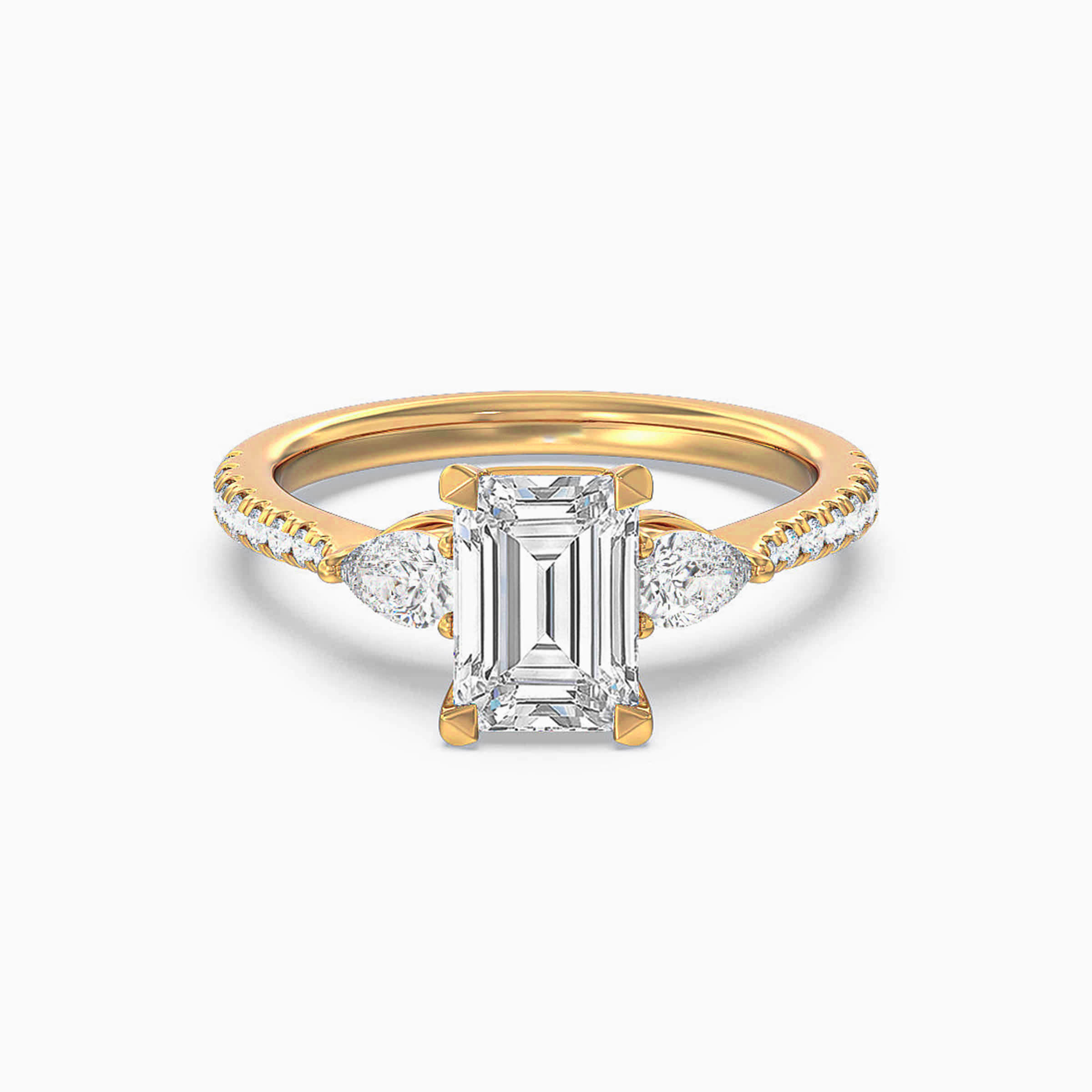 Darry Ring three stone emerald cut engagement ring yellow gold
