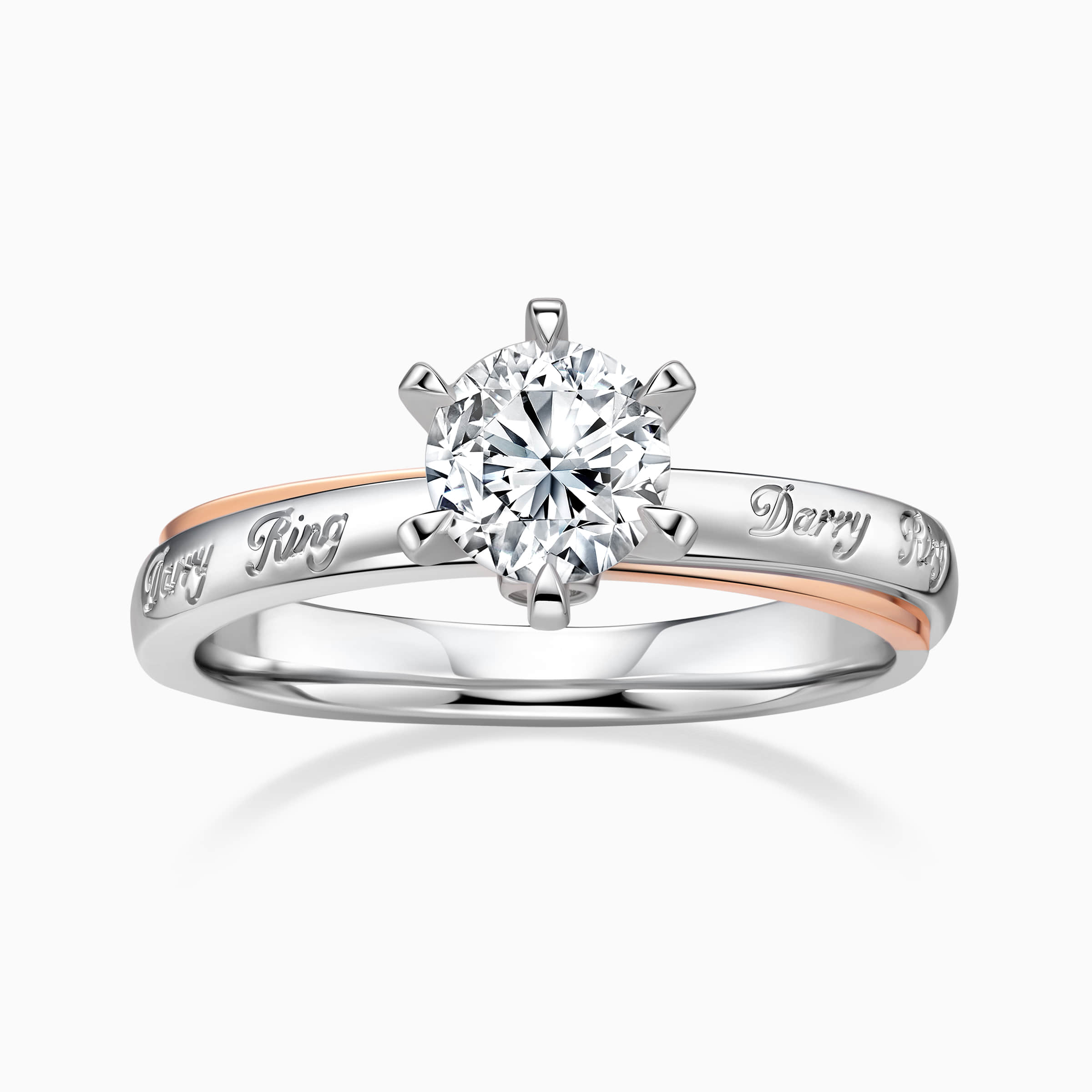 DR Love Mark solitaire engagement ring with Darry Ring logo