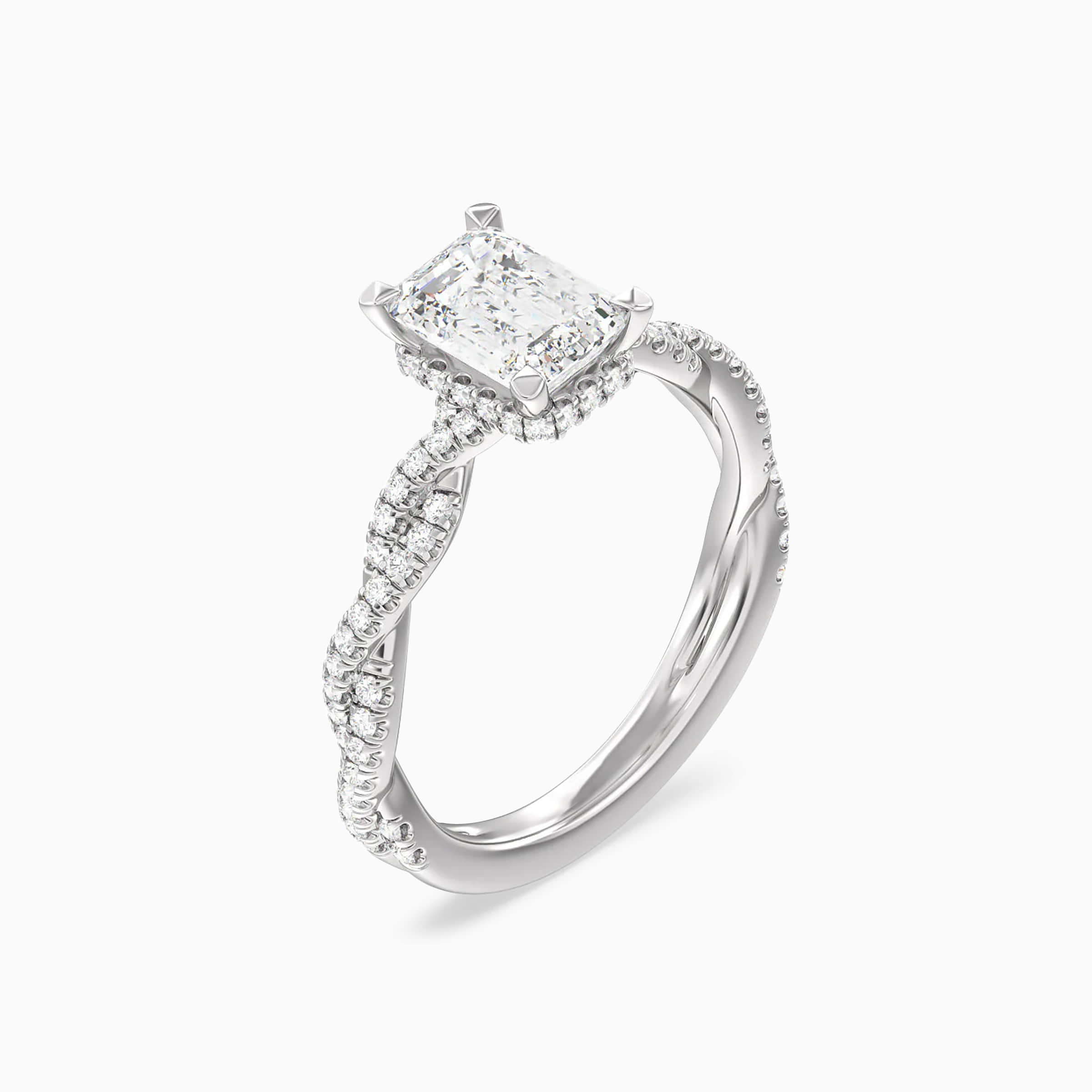 Darry Ring emerald cut twisted band enaggement ring in platinum